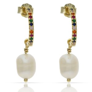 Aros plata chapada oro multicolor + perlas – 6mm
