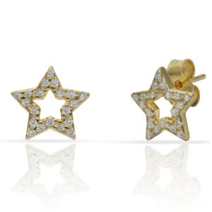 Pendientes plata chapada oro estrellas circonitas – 10mm