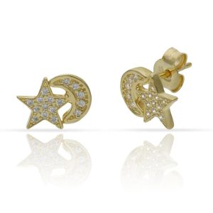 Pendientes plata chapada oro estrella + luna circonitas – 10x7mm