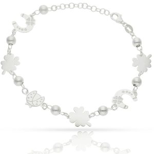 Pulsera plata 925mmde la suerte herradura + trebol + mariquita