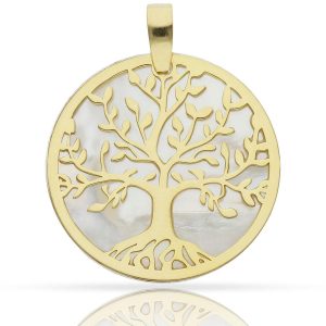 Colgante plata chapada oro arbol de la vida nacar – 40mm