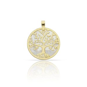 Colgante plata chapada oro arbol de la vida nacar  – 18mm