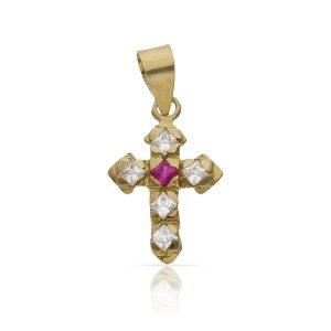 Cruz oro 18kl piedra roja + circonitas – 12x17mm