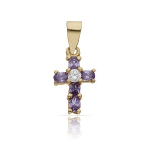 Cruz oro 18kl piedras lila + circonitas – 8x13mm