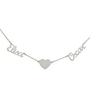 Gargantilla oro blanco 18kl – 2 nombres + corazon