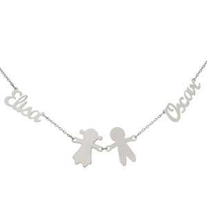 Gargantilla oro blanco 18kl – 2 nombres + niños