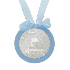 Medalla cuna plata 925mm redonda niña + globo