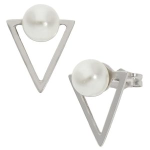 Pendientes oro blanco 18kl triangular perlas
