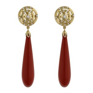 Pendientes oro 18kl coral sintetico