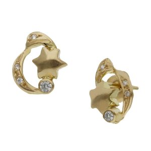 Pendientes oro 18kl luna + estrellas – 9x11mm