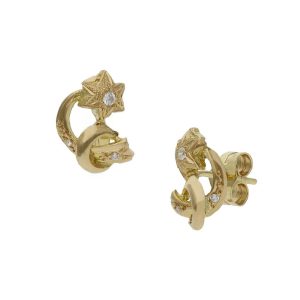 Pendientes oro 18kl luna + estrellas – 9x11mm
