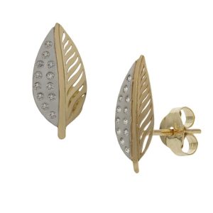 Pendientes oro 18kl bicolor hoja – 6x13mm
