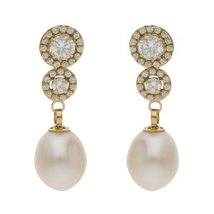 Pendientes oro 18kl perlas cultivadas + circonitas – 8x26mm