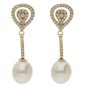 Pendientes oro 18kl perlas cultivadas + circonitas – 9x31mm
