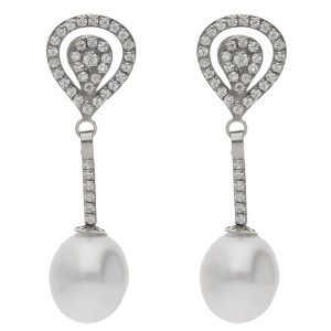Pendientes oro blanco 18kl perlas cultivadas + circonitas – 9x31mm
