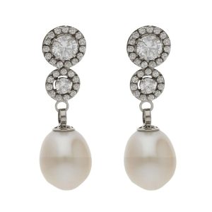 Pendientes oro blanco 18kl perlas cultivadas + circonitas – 8x26mm