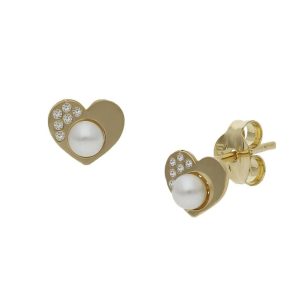 Pendientes oro 18kl corazon perlas + circonitas – 6x5mm