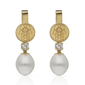 Pendientes oro 18kl mano de fatima + perlas