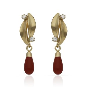 Pendientes oro 18kl coral sintetico + circonitas