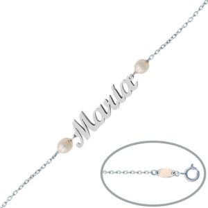 Pulsera oro blanco 18kl nombre + perlas