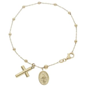 Pulsera oro 18kl rosario cruz + milagrosa