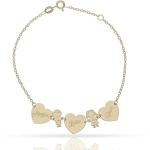 Pulsera oro 18kl corazones + niños