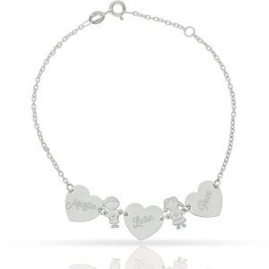 Pulsera oro blanco 18kl corazones + niños