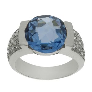 Sortija oro blanco 18kl – piedra azul + circonitas