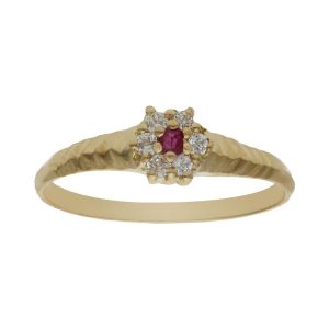Sortija oro 18kl roseton circonitas + piedra roja